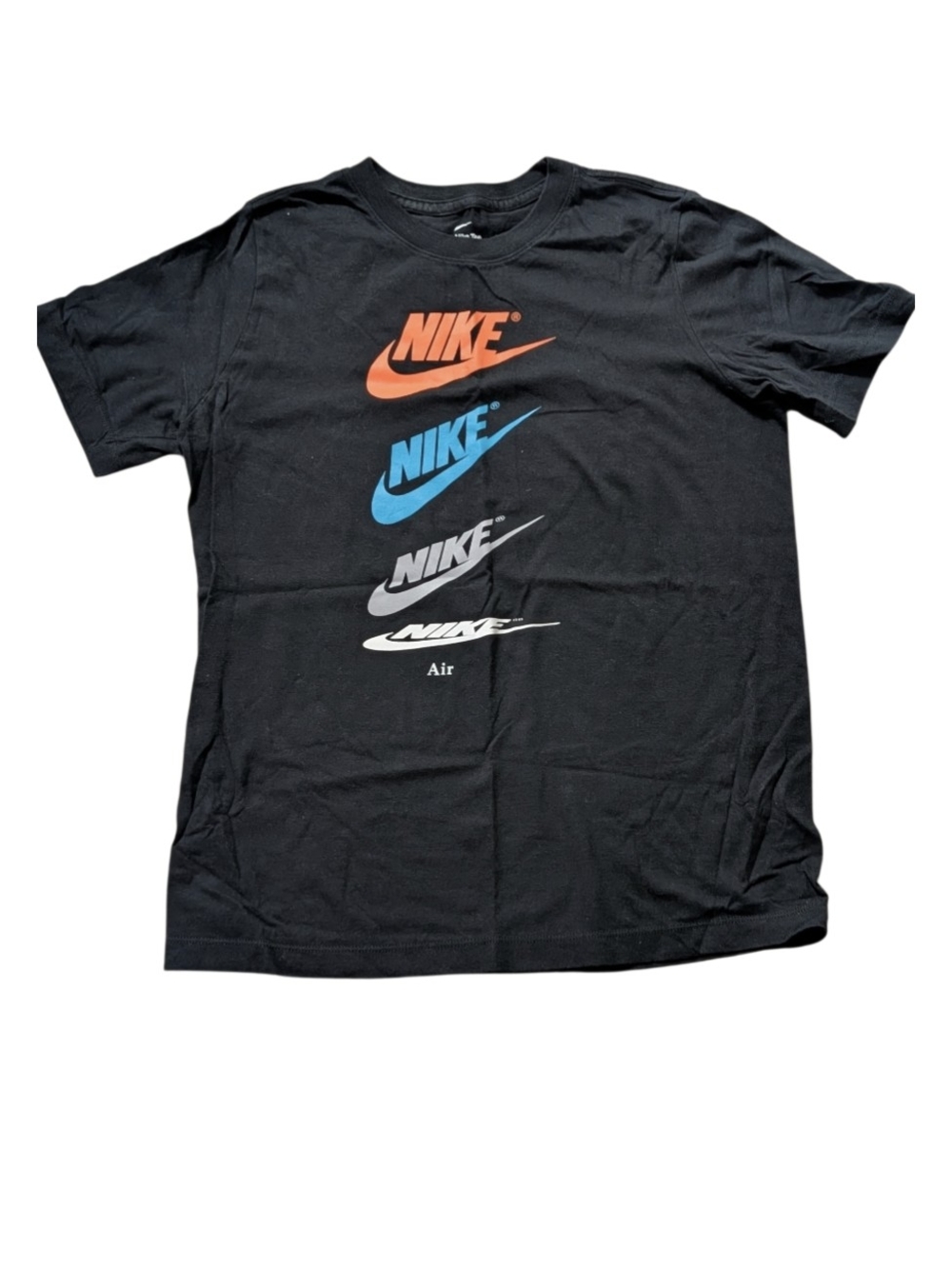 Nike Boy:s Black Tee with Orange, Blue, Gray and White Logo Stack Size XL
